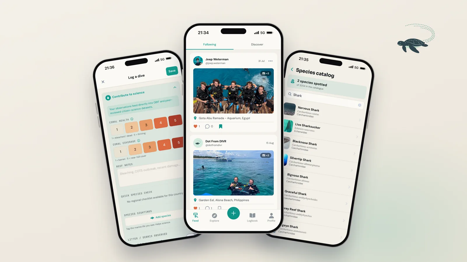 Three DIVR app screens: logging a dive with coral health ratings and species sightings, the social feed with dive posts, and the species catalog