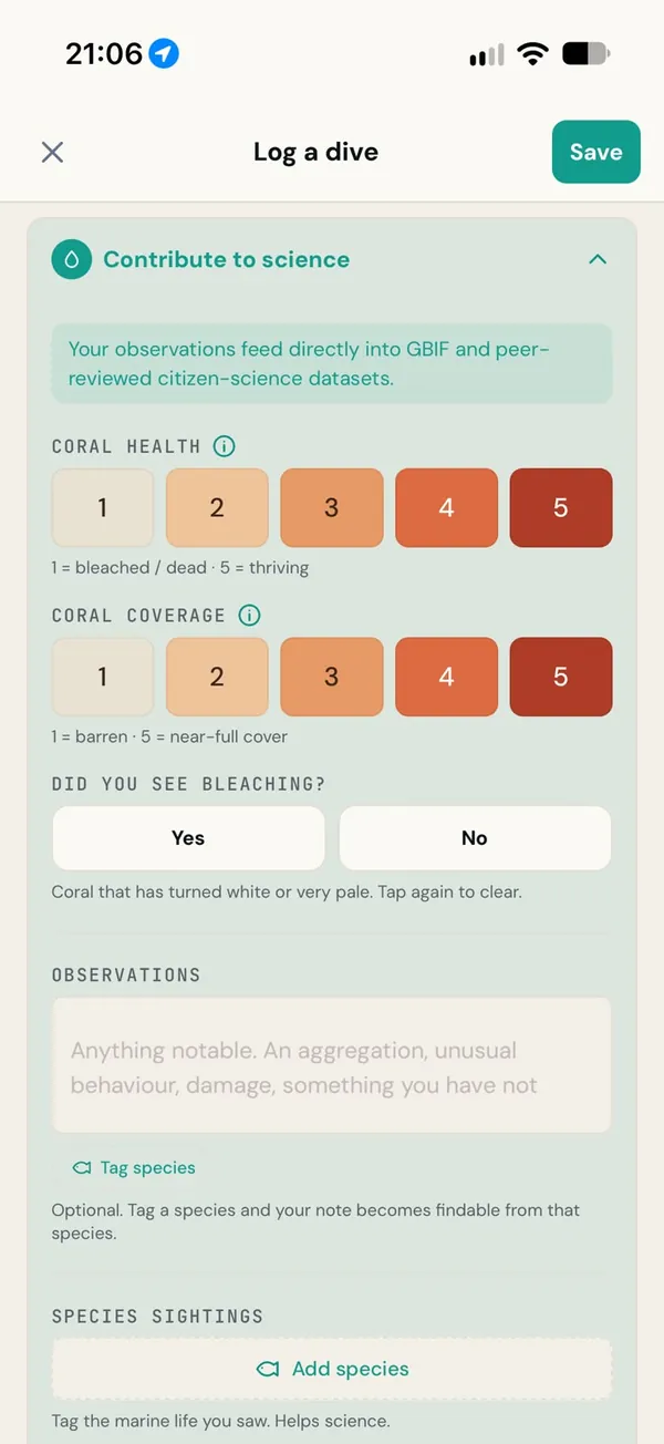 The Log a dive form in DIVR, open at Contribute to science with the coral health and coverage scales