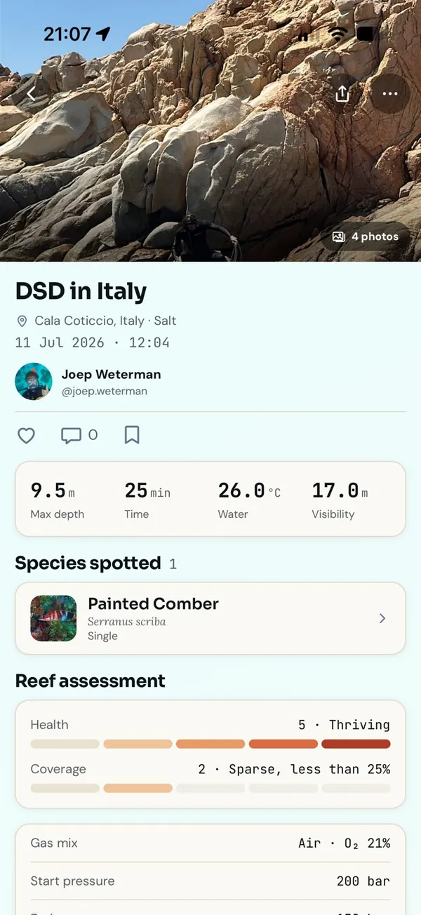 A logged dive in DIVR showing depth, time, water temperature, the species spotted and the reef assessment