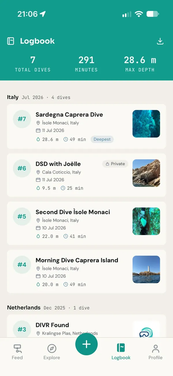 The DIVR logbook with total dives, minutes and maximum depth above a list of dives