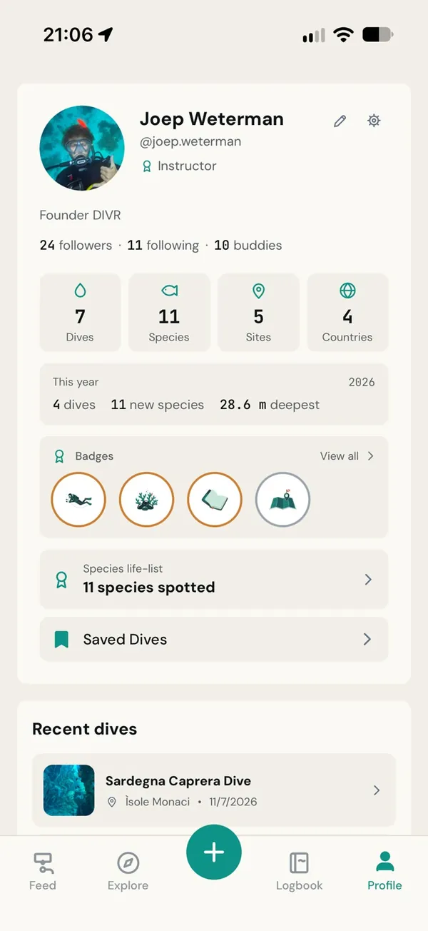 A DIVR profile with dive, species, site and country counts and the species life-list